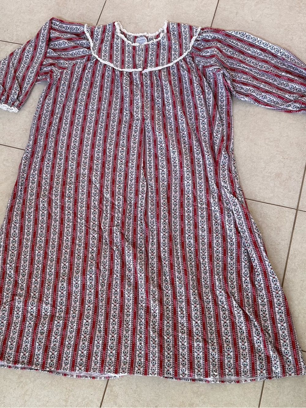 Classic Red Stripe Cotton Nightgown with Lace Trim